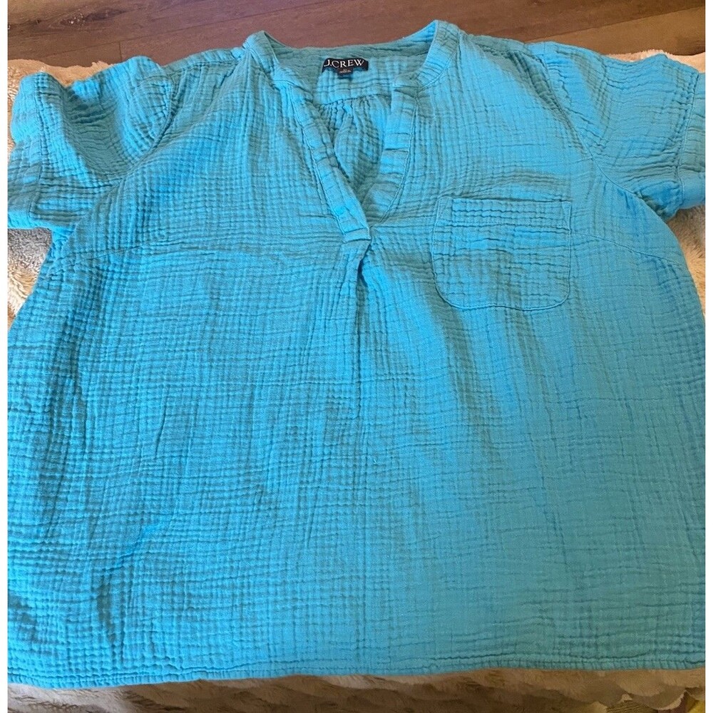 J Crew 100% Cotton Gauze Popover Womens Size XL Teal Blue V-Neck Shirt Beachy